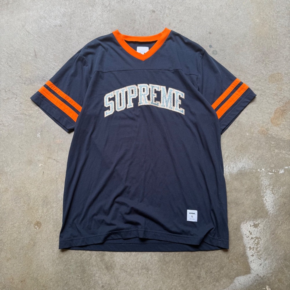 Supreme Glitter Football Top Navy Orange Jersey Mens Large Arc Logo V-Neck Tee
